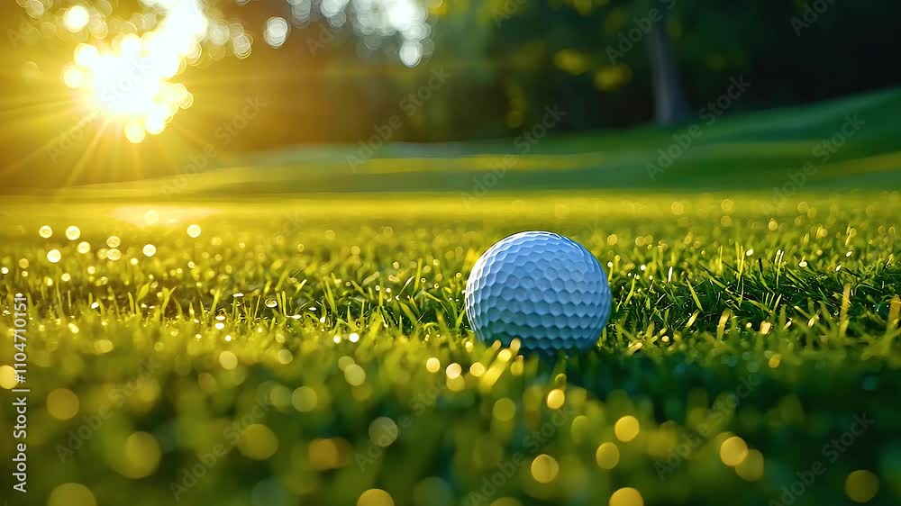 Close up of golf ball on lush green grass, basking in warm sunlight, capturing tranquility of golf course in morning, serene outdoor sport experience in nature.