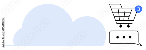 Large cloud with shopping cart notification icon indicating three items and chat message bubble with three dots. Ideal for e-commerce, online shopping, digital communication, customer service, cloud