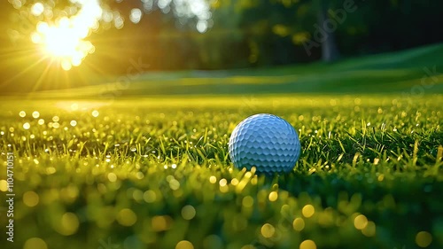 Close up of golf ball on lush green grass, basking in warm sunlight, capturing tranquility of golf course in morning, serene outdoor sport experience in nature.