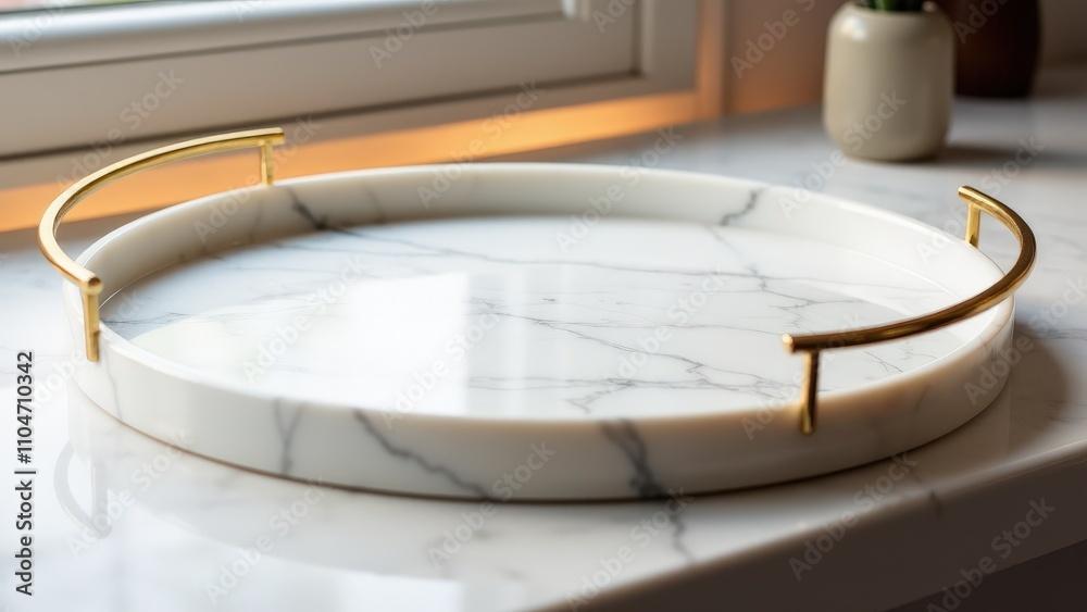 Sleek round marble tray with polished white finish and gold handles Sleek round marble tray with polished white finish and gold handles