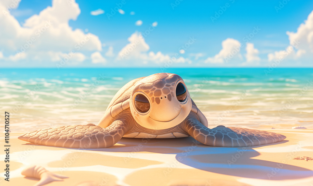 Obraz premium A cute little turtle is crawling on the beach