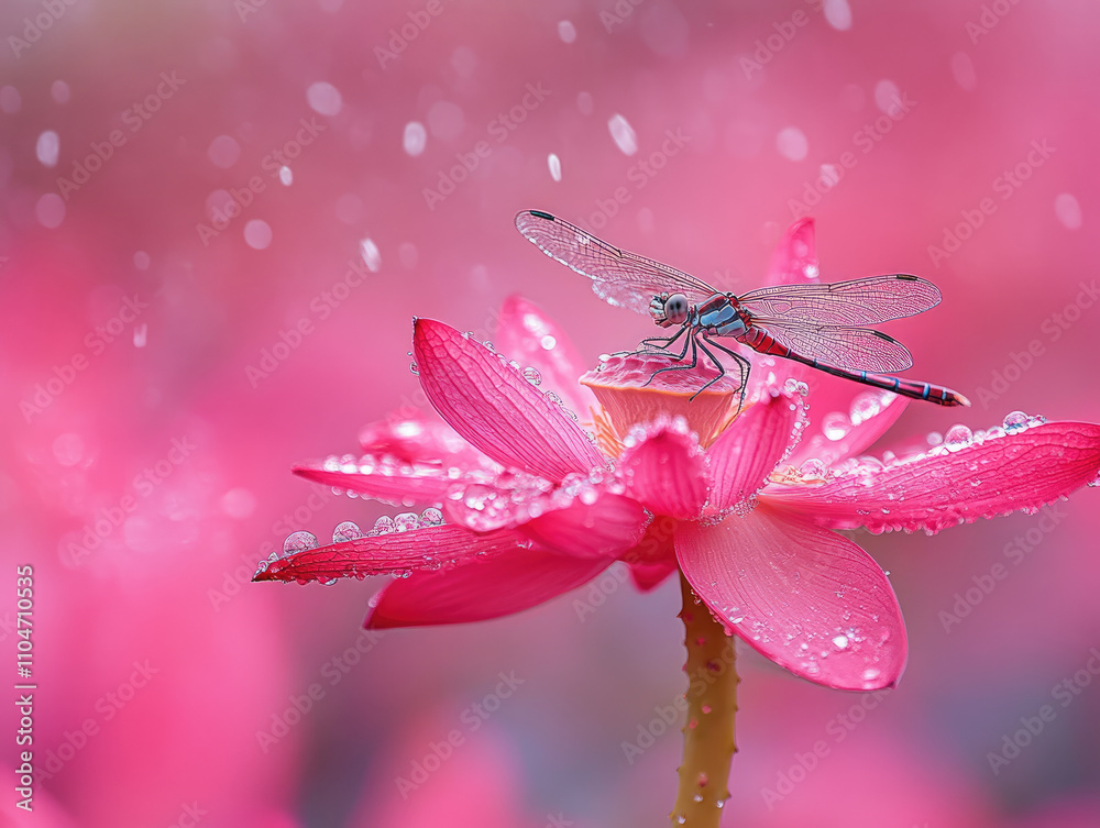Naklejka premium Tiny dragonfly perched on a bright pink lotus flower.