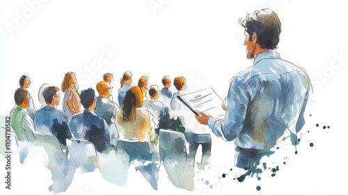 Team Leader Giving Presentation in Watercolor Illustration