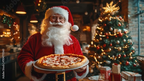 Santa Claus joyfully holding a pizza in a cozy Christmas restaurant