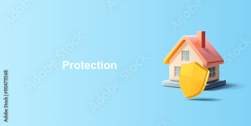 3D house with a yellow protective shield. For security concepts, protection of private property. Insurance, mortgage, credit. Vector illustration.