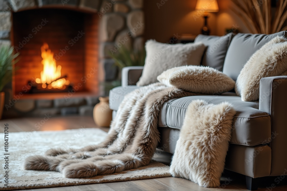 Cozy living room ambiance with fireplace and plush fur blankets for winter relaxation Cozy living room ambiance with fireplace and plush fur blankets for winter relaxation