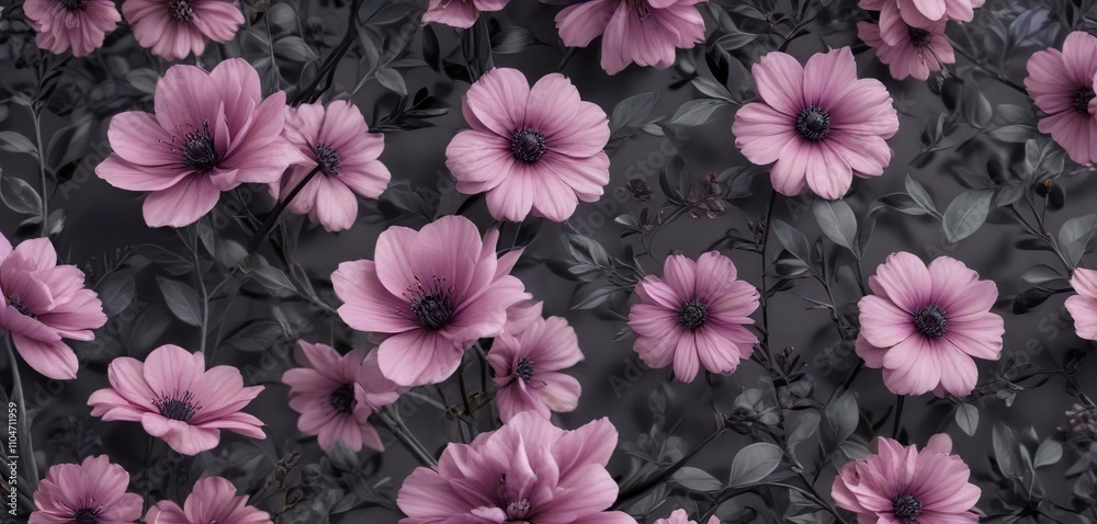 Mauve blooms and charcoal stems in a seamless pattern for textile print or wallpaper, seamless pattern, floral, design Mauve blooms and charcoal stems in a seamless pattern for textile print or wallpaper, seamless pattern, floral, design