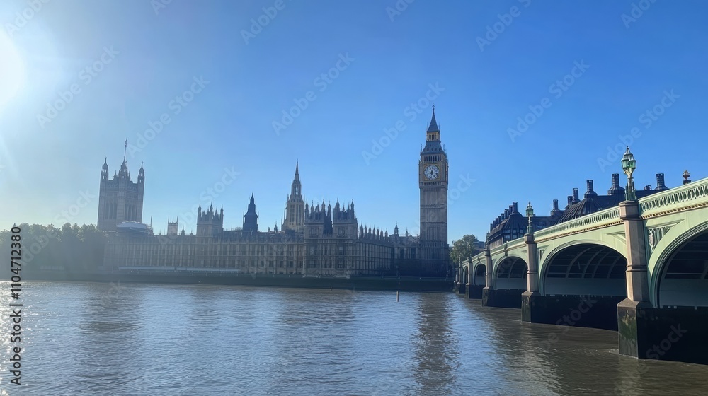 Sunlit view of Houses of Parliament and Big Ben across the Thames River in London. Sunlit view of Houses of Parliament and Big Ben across the Thames River in London.