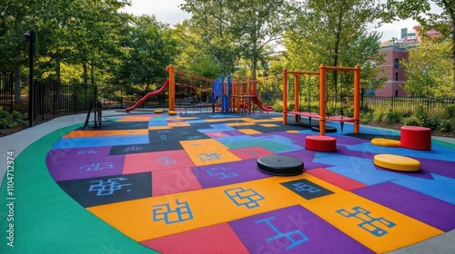 A colorful playground with various play structures and safety flooring for children's recreation.