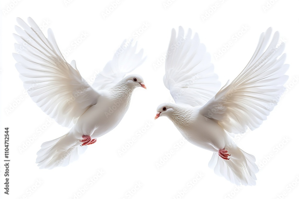 Fototapeta premium Beautiful, high-quality white doves flying alone against a white background. Generative Ai
