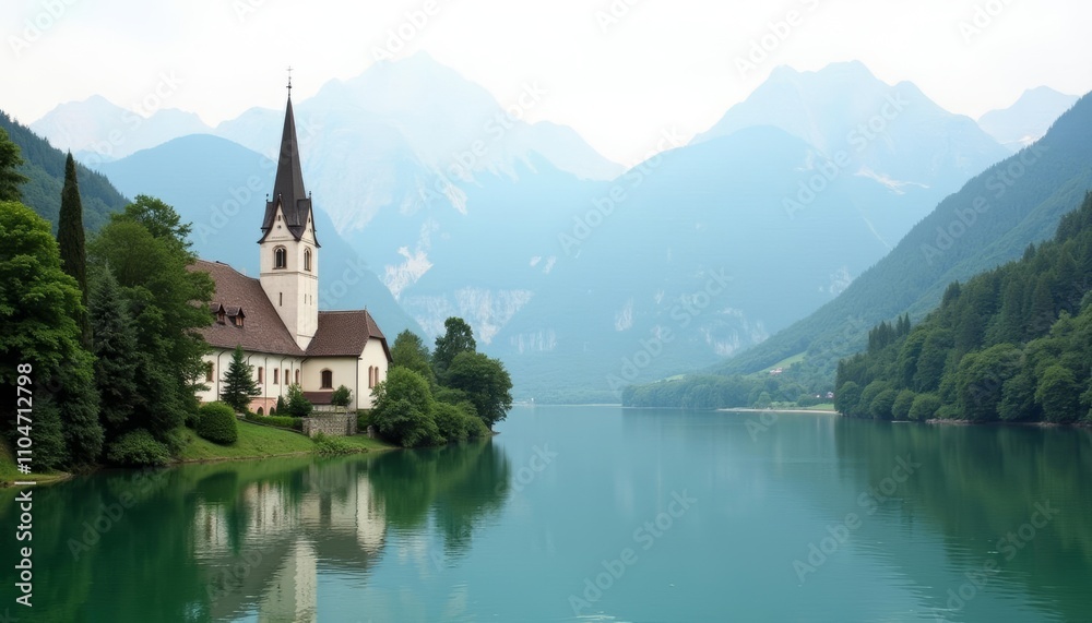Tranquil lakeside church nestled amidst natures grandeur Tranquil lakeside church nestled amidst natures grandeur