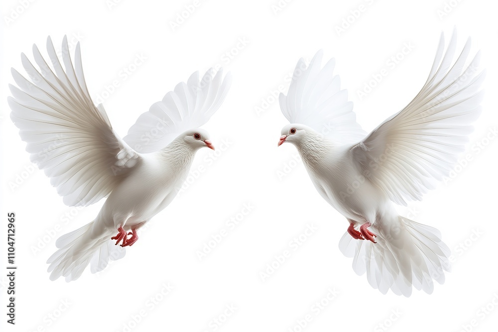 Beautiful, high-quality white doves flying alone against a white background. Generative Ai Beautiful, high-quality white doves flying alone against a white background. Generative Ai