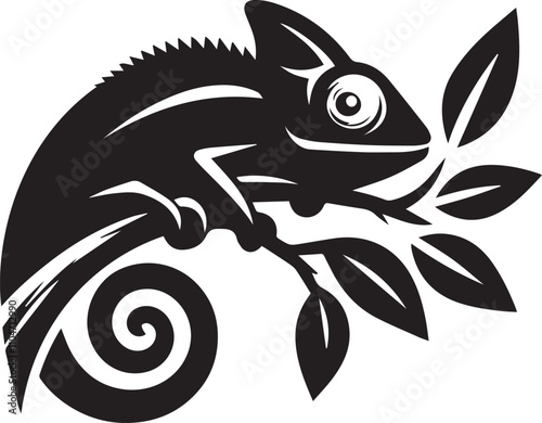 A chameleon hiding behind a branch silhouette vector photo