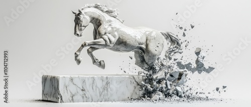 dynamic sculpture of a horse breaking through a marble base photo