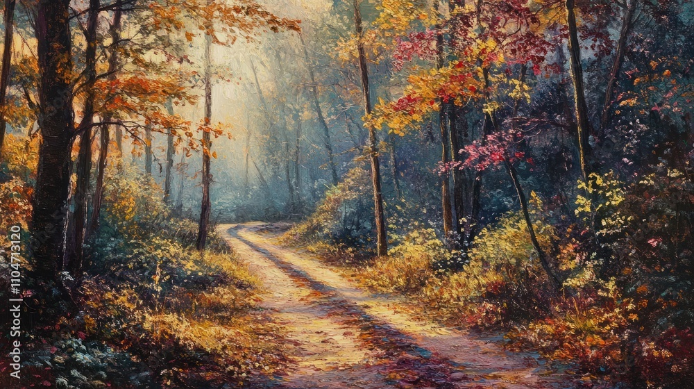Fototapeta premium A serene forest path illuminated by autumn colors and soft sunlight.