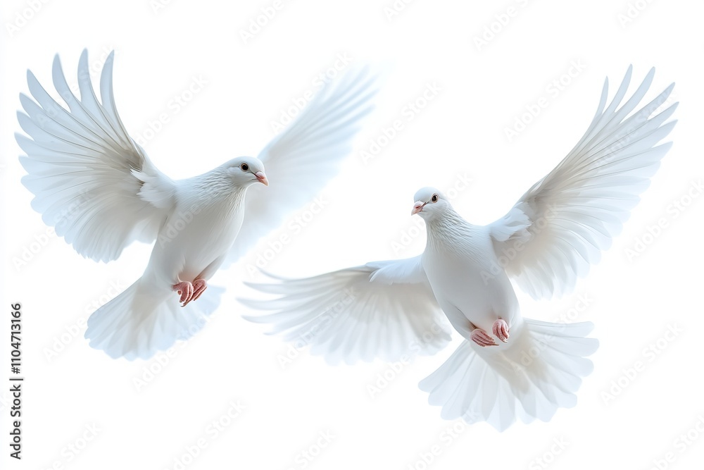 Beautiful, high-quality white doves flying alone against a white background. Generative Ai Beautiful, high-quality white doves flying alone against a white background. Generative Ai