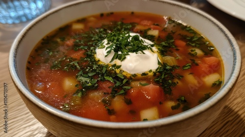 A bowl of soup topped with herbs and sour cream, showcasing vibrant colors and fresh ingredients.