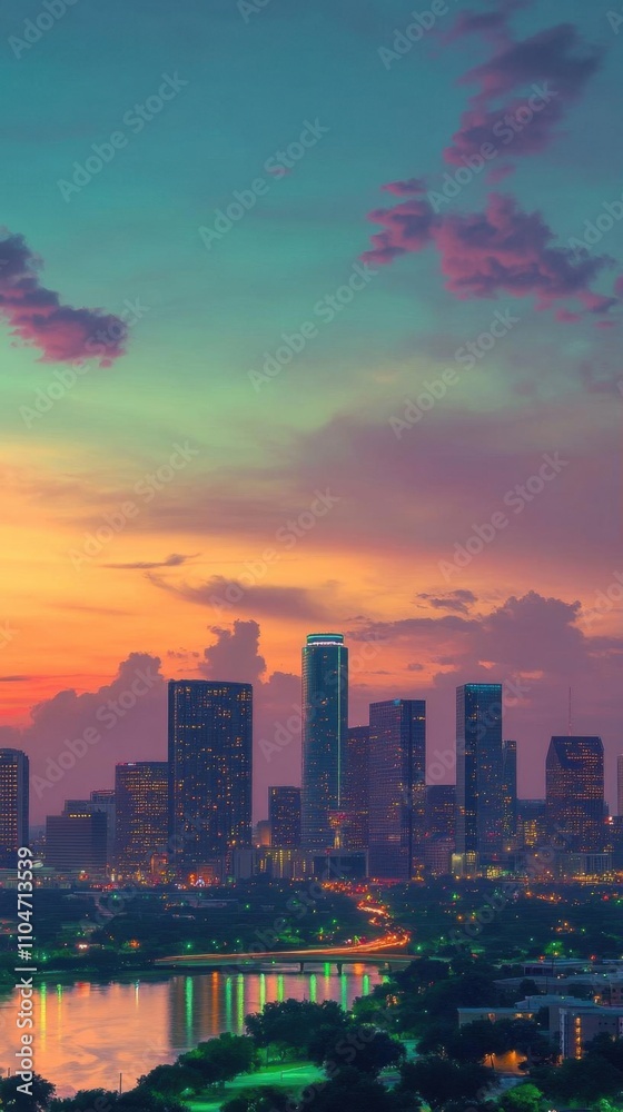 Fototapeta premium A vibrant city skyline at sunset with colorful clouds and reflections.