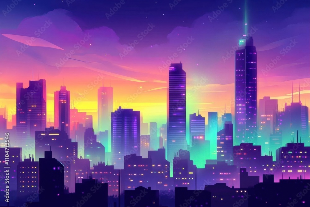 Fototapeta premium A vibrant city skyline at sunset with colorful lights and silhouettes.