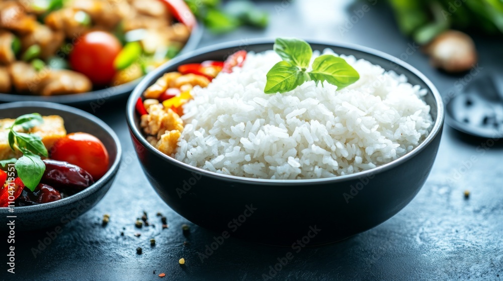 Delicious White Rice Bowl with Fresh Herbs and Colorful Ingredients Delicious White Rice Bowl with Fresh Herbs and Colorful Ingredients