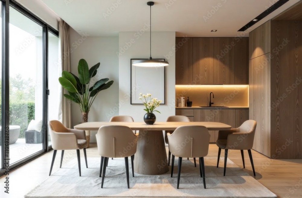 Stylish dining area with minimalist design elements including an elegant table, contemporary chairs and sophisticated decor.