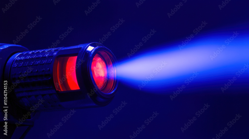 Close up of blowtorch emitting blue flame in dark setting Close up of blowtorch emitting blue flame in dark setting