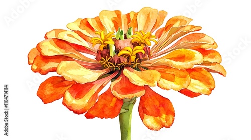 Vibrant Orange Zinnia Watercolor Painting  Botanical Illustration