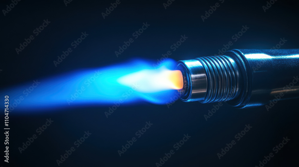 Close up of butane torch emitting blue flame against dark background Close up of butane torch emitting blue flame against dark background