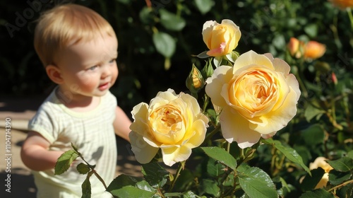 A child admires blooming yellow roses in a garden.