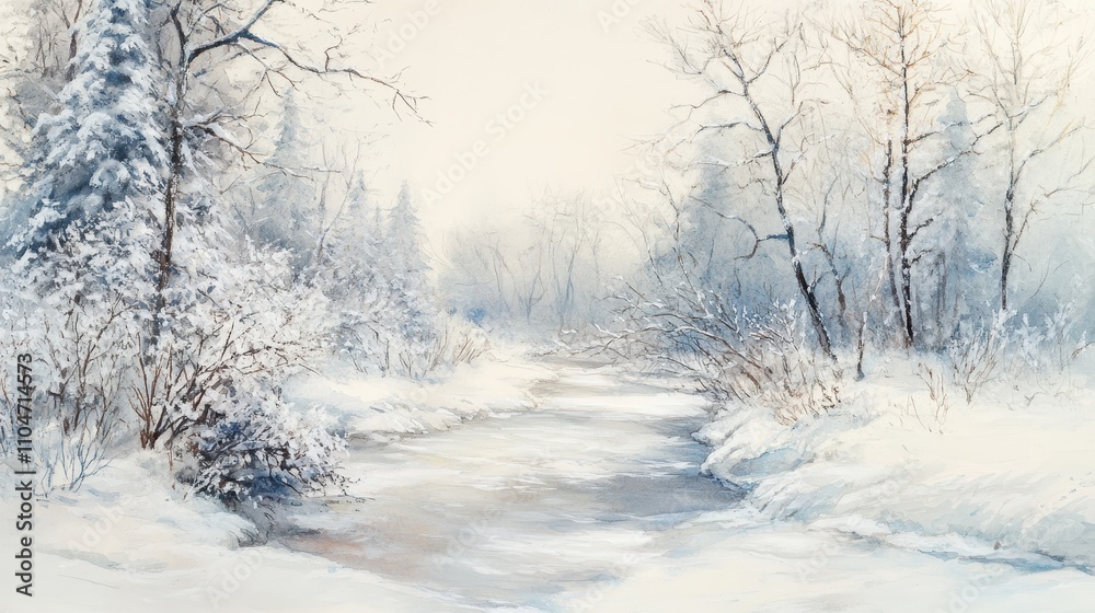 Serene Watercolor of a Winding Frozen River Serene Watercolor of a Winding Frozen River
