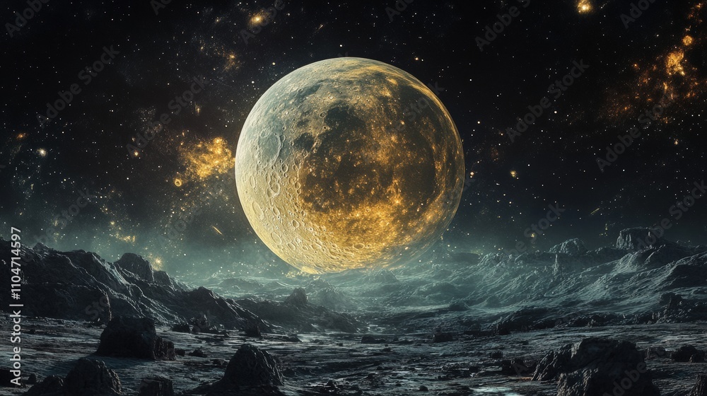 Obraz premium a stunning view of a large moon illuminating a dark, starry sky over a rocky landscape