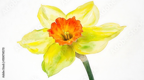 Watercolor Daffodil Flower  Spring Bloom  Yellow   Orange Petals