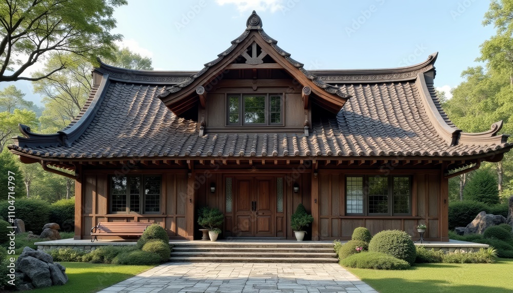 Fototapeta premium Elegant Asianstyle house with a serene garden setting