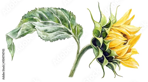 Watercolor Sunflowers  Blooming   Bud Closeup Botanical Illustration