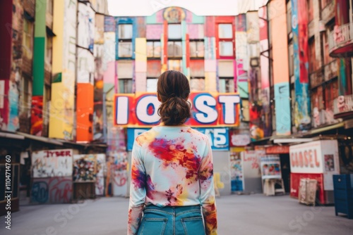 a person standing in front of a vibrant urban mural in a colorful alley