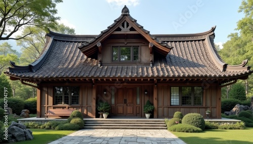  Elegant Asianstyle house with a serene garden setting photo