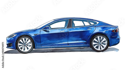 Blue Electric Car Watercolor Illustration