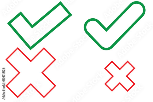 Check mark icon button set. Check box icon with right and wrong buttons and yes or no checkmark icons in green tick box and red cross.