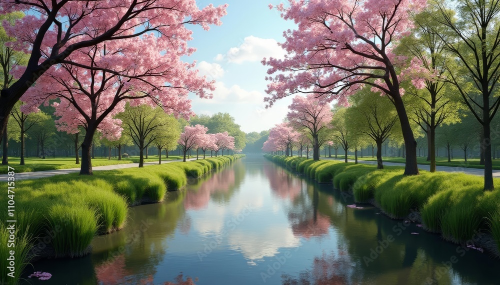 Tranquil garden path with blooming cherry trees and serene water Tranquil garden path with blooming cherry trees and serene water