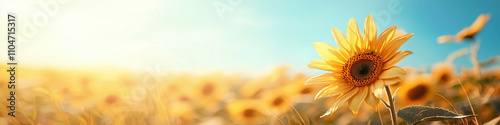Sunflower field basking in warm sunlight under clear blue sky
