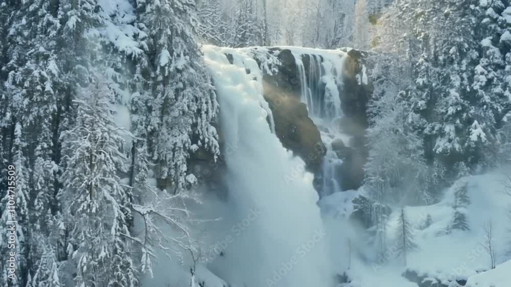 Frozen Waterfall and Icicles in Snow-Covered Forest