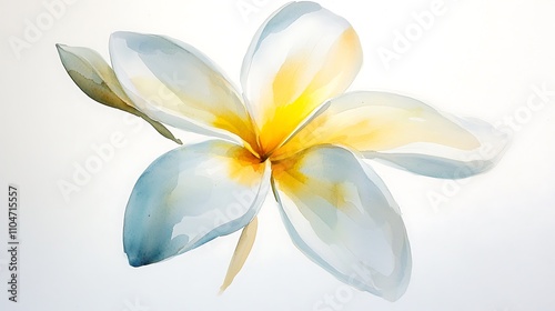 Watercolor Plumeria Flower Painting Soft Blue and Yellow Hues