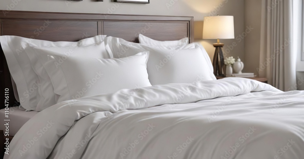 Obraz premium White duvet and pillows arranged perfectly on a bed, neutral tones, inviting, pristine