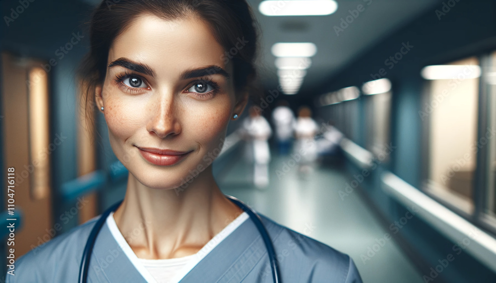 Naklejka premium Portrait of young woman nurse at hospital corridor. Portrait of young female doctor wearing blue uniform standing in modern hospital looking at camera. Female medical assistant. Healthcare concept.