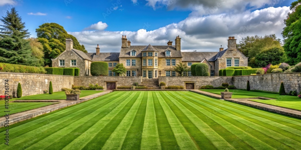 Sprawling front lawn with low stone wall, evoking grandeur and tradition, front lawn, stone wall, grandeur, tradition Sprawling front lawn with low stone wall, evoking grandeur and tradition, front lawn, stone wall, grandeur, tradition