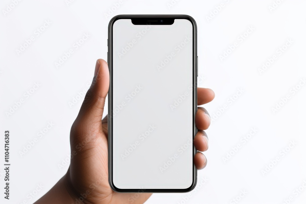 hand holding a smartphone with a blank screen for mockup or design purposes