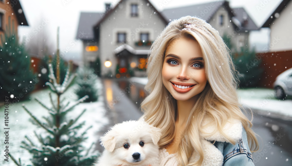 Beautiful blonde woman with striking eyes and a bright smile standing on a street near a house with puppy. Winter landscape. New Year's card. Pets. Wonderful moments of life. Lot of happiness. Beautiful blonde woman with striking eyes and a bright smile standing on a street near a house with puppy. Winter landscape. New Year's card. Pets. Wonderful moments of life. Lot of happiness.