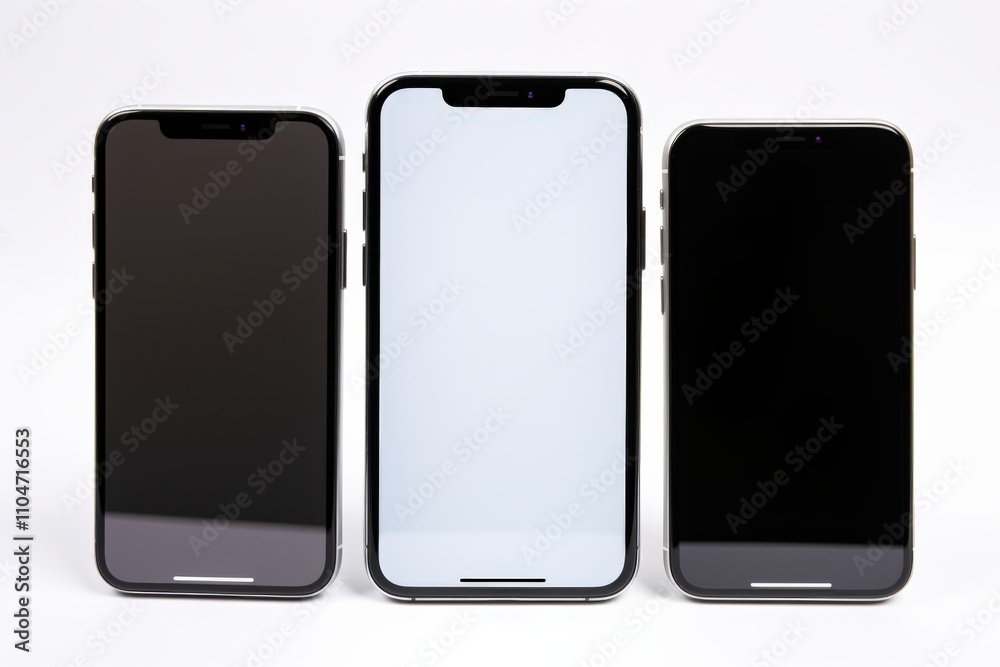 three smartphones with different screen displays on a white background three smartphones with different screen displays on a white background