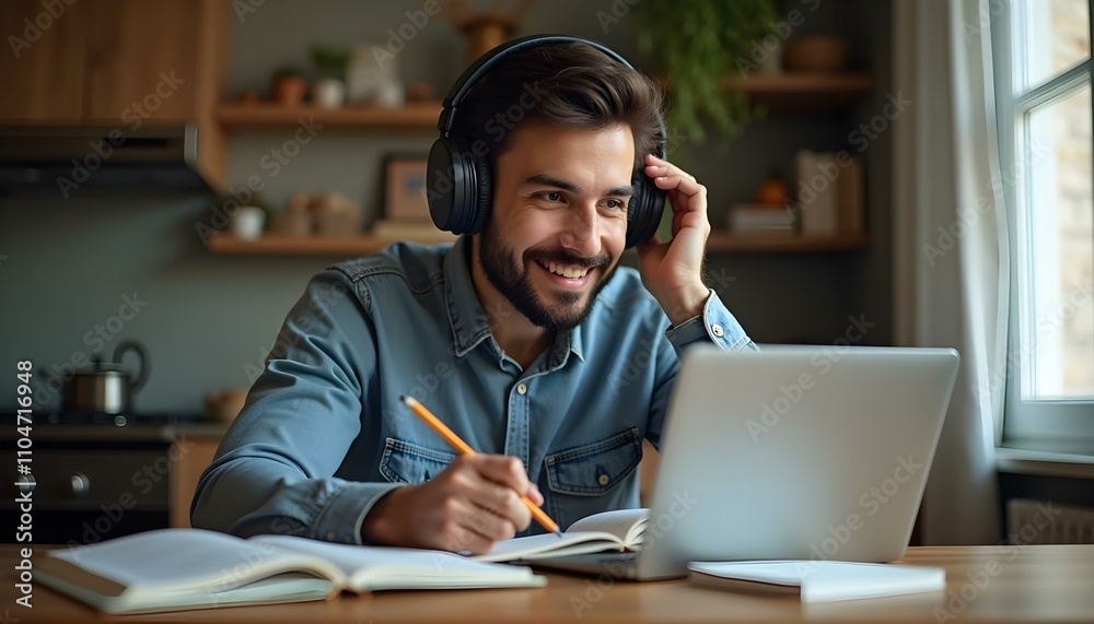 Obraz premium Estudiante adulto hispano tomando notas y escuchando conferencia en línea desde su hogar