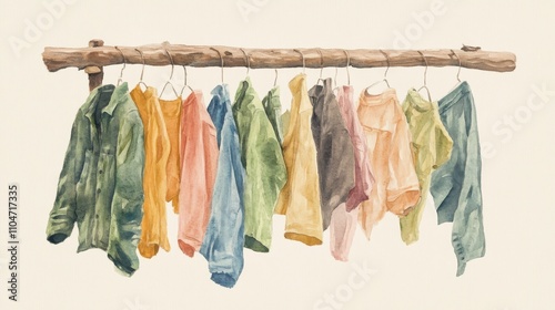 Watercolor Clothing Hanging on a Wooden Rack photo